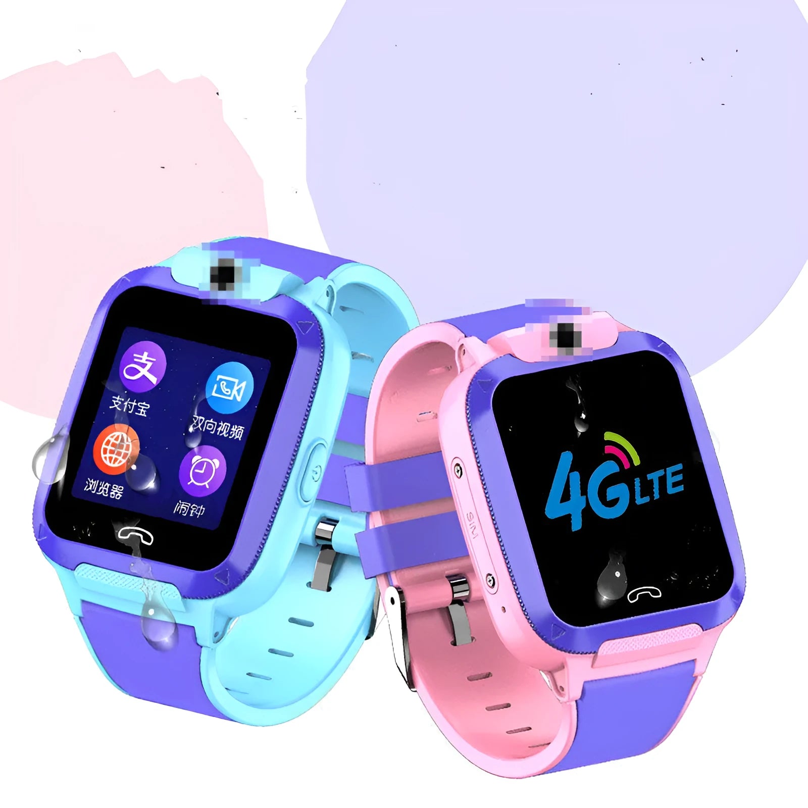Blue children's smartwatch with a silicone strap showing a video call interface on its 1.44-inch screen.