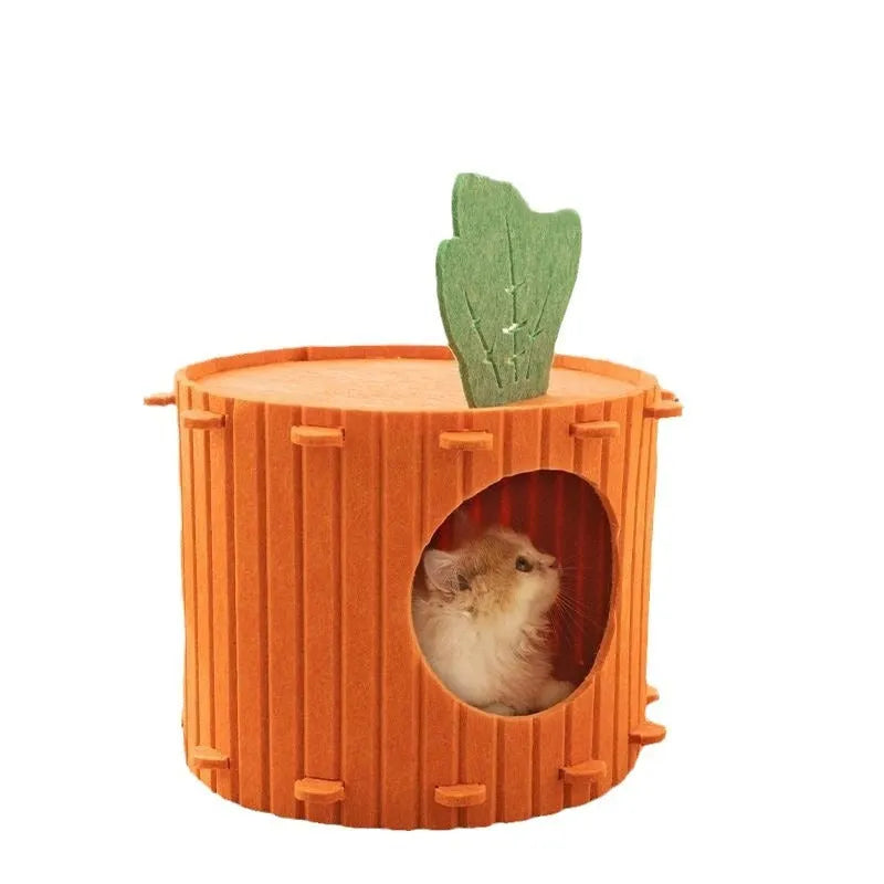 Carrot-themed cat nest with felt tunnel, semi-enclosed cattery in two size options.