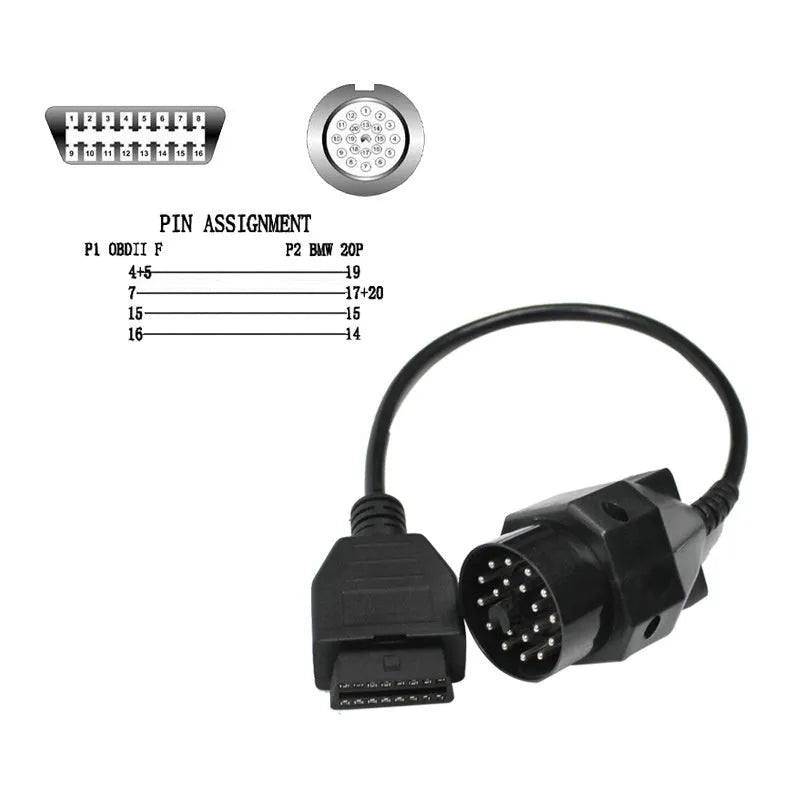 BMW OBD2 diagnostic cable adapter showing 20-pin and 16-pin connectors