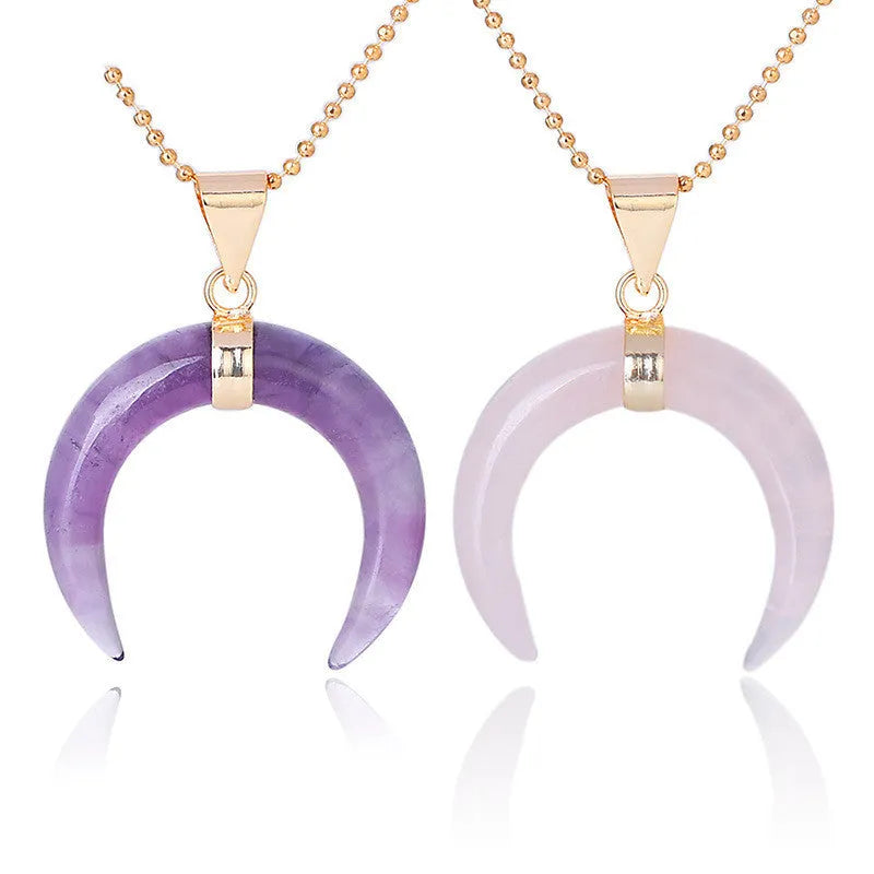 Natural semi-precious stone moon pendant necklace on a 45cm copper chain, shown in pink and purple colour options.