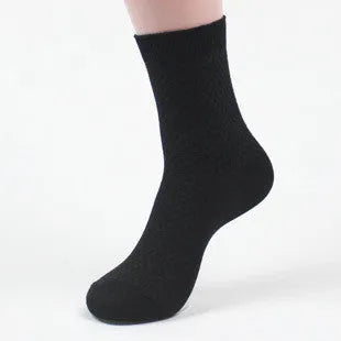 Men's bamboo fibre business socks with small square pattern in black, navy blue, and grey colours.