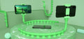 Flexible black suction cup phone holder bent into position on a desktop