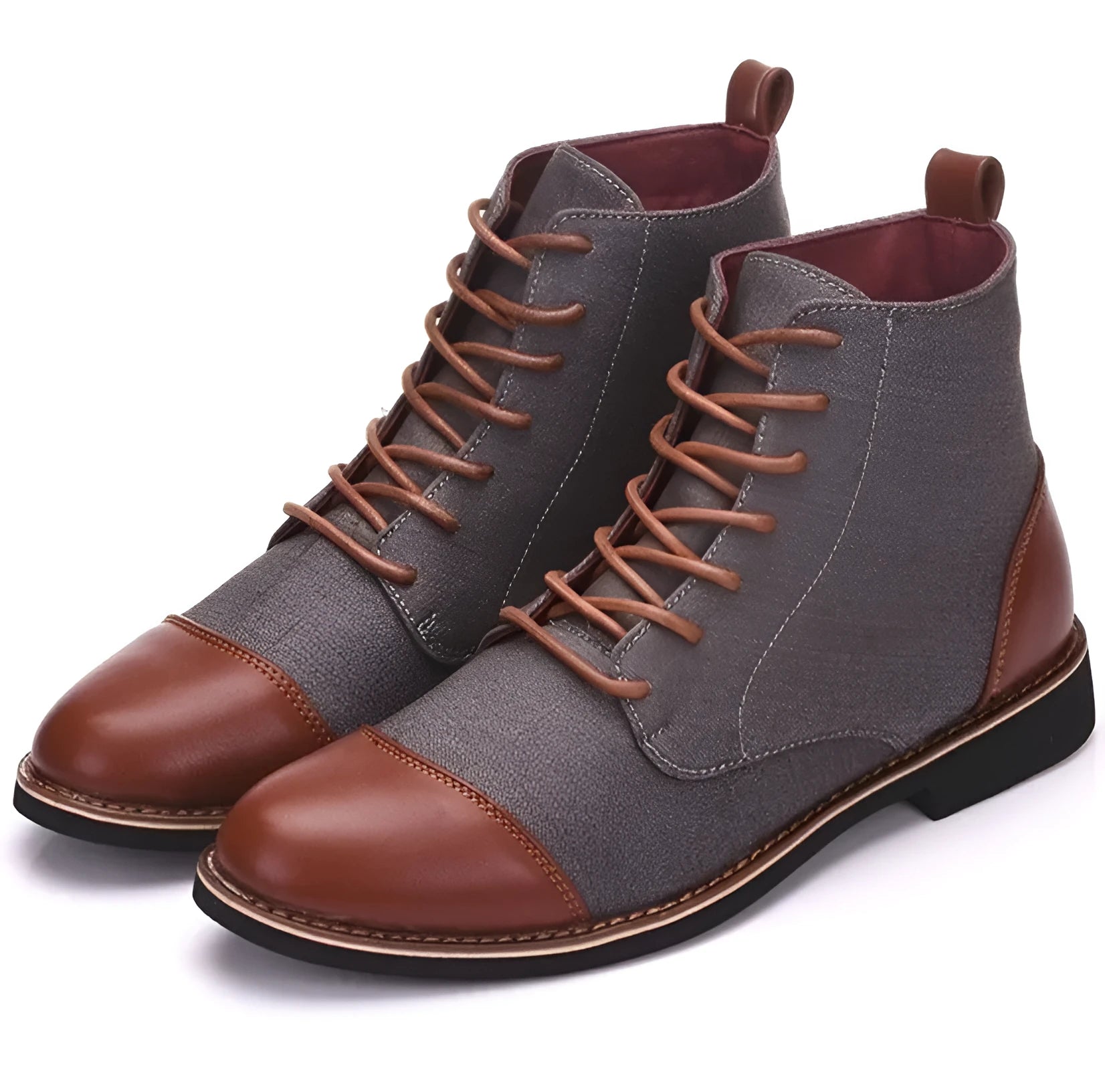 Men's leather motorcycle-style boots with metal belt buckles on a rubber sole, shown in black.