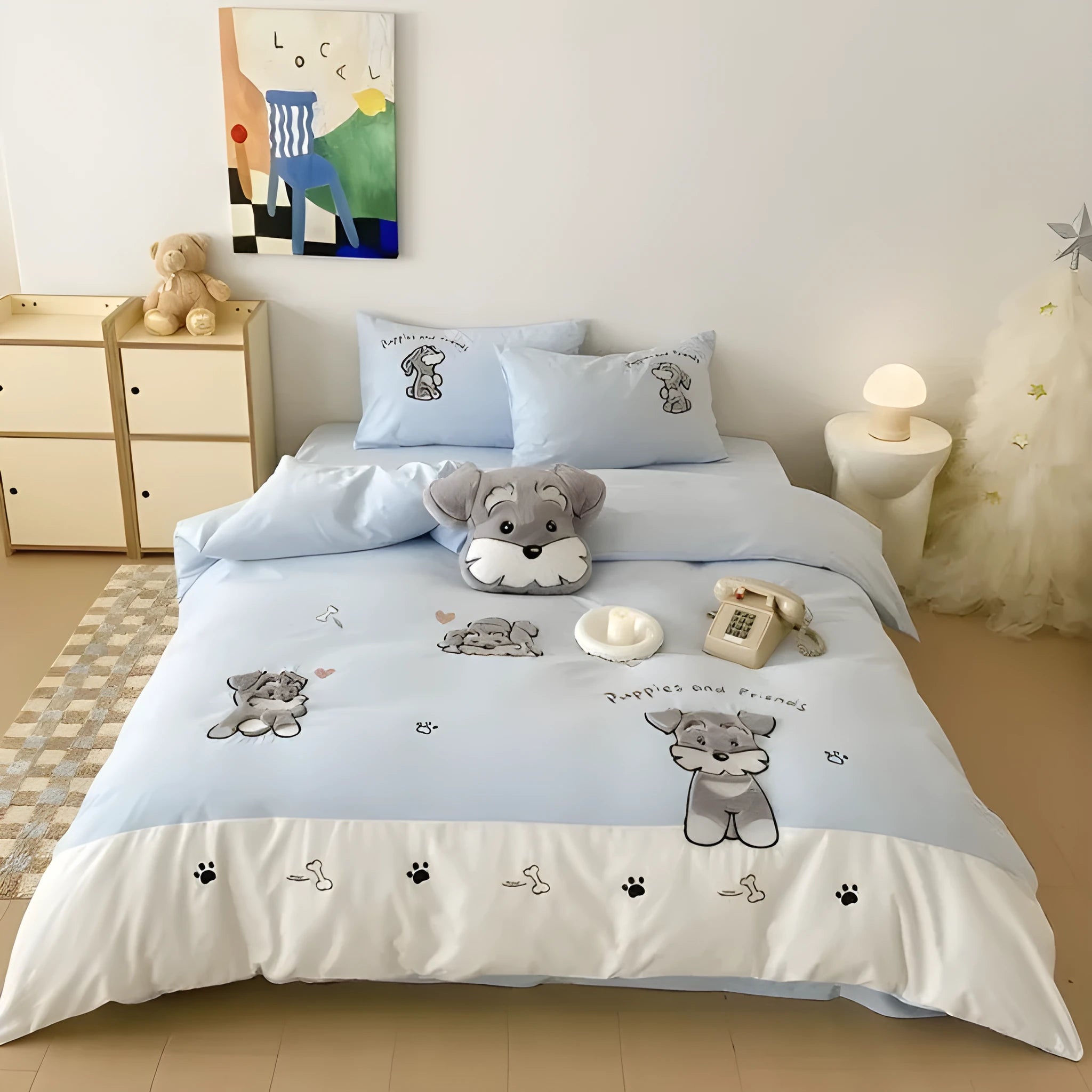 Cartoon Schnauzer embroidered bedding set with quilt cover, sheet, and pillowcases on bed