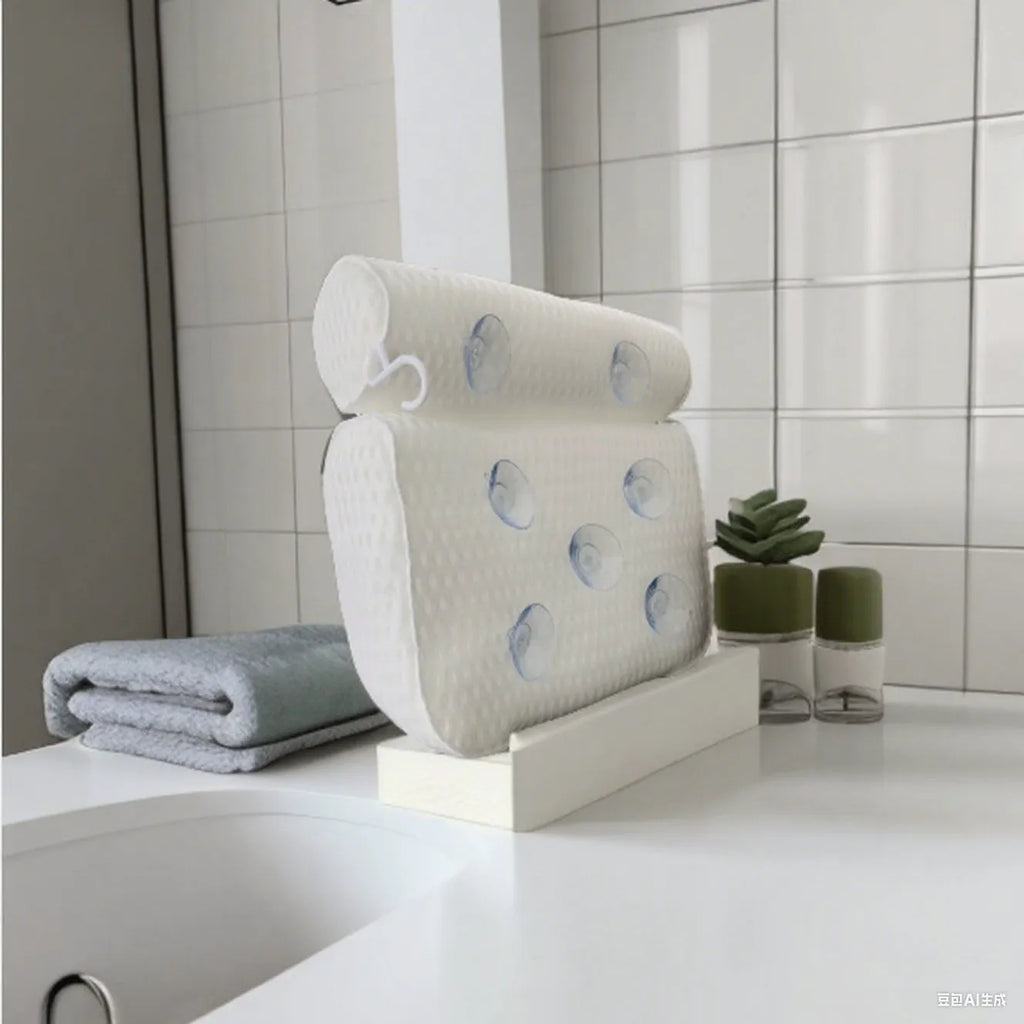 White bathtub pillow with 4D mesh fabric and suction cups on a flat surface.