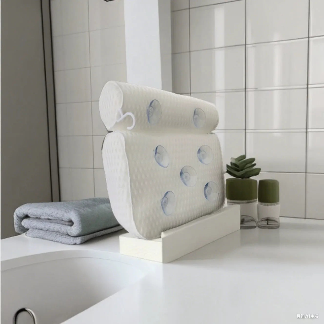 White bathtub pillow with 4D mesh fabric and suction cups on a flat surface.