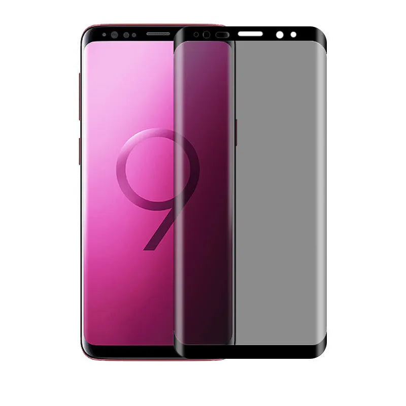 Full coverage tempered glass screen protector for Samsung Galaxy phones on a display.