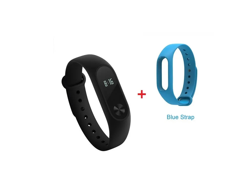 Xiaomi Mi Band 2 black fitness tracker with OLED screen on a grey wrist strap.