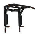 Black wall-mounted fitness equipment with sandbag rack and single parallel bars for pull-ups