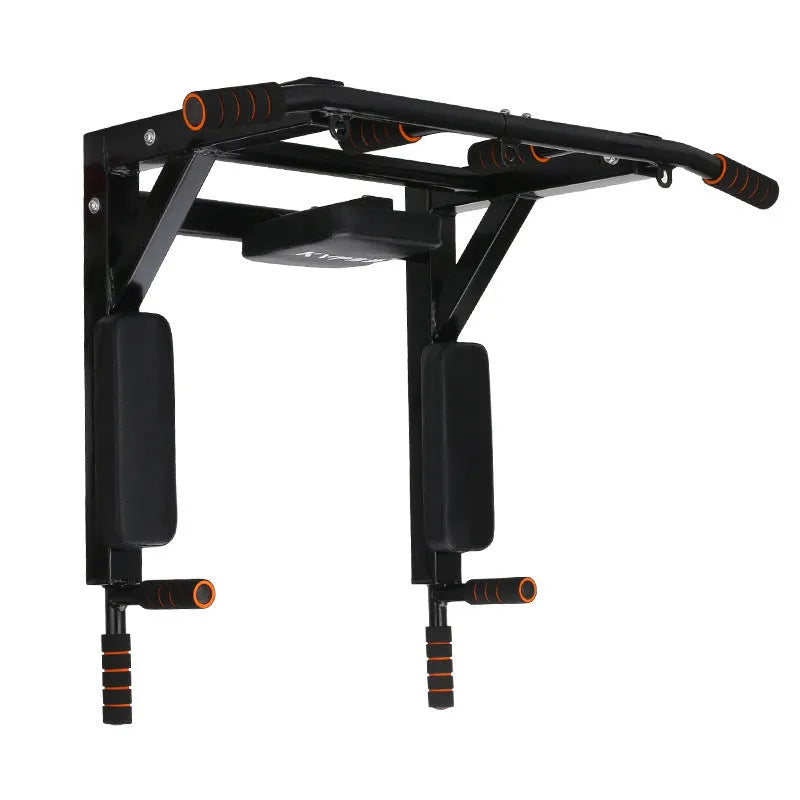 Black wall-mounted fitness equipment with sandbag rack and single parallel bars for pull-ups