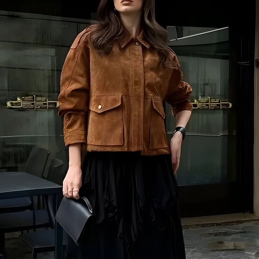 Women's brown suede street chic coat with regular sleeves