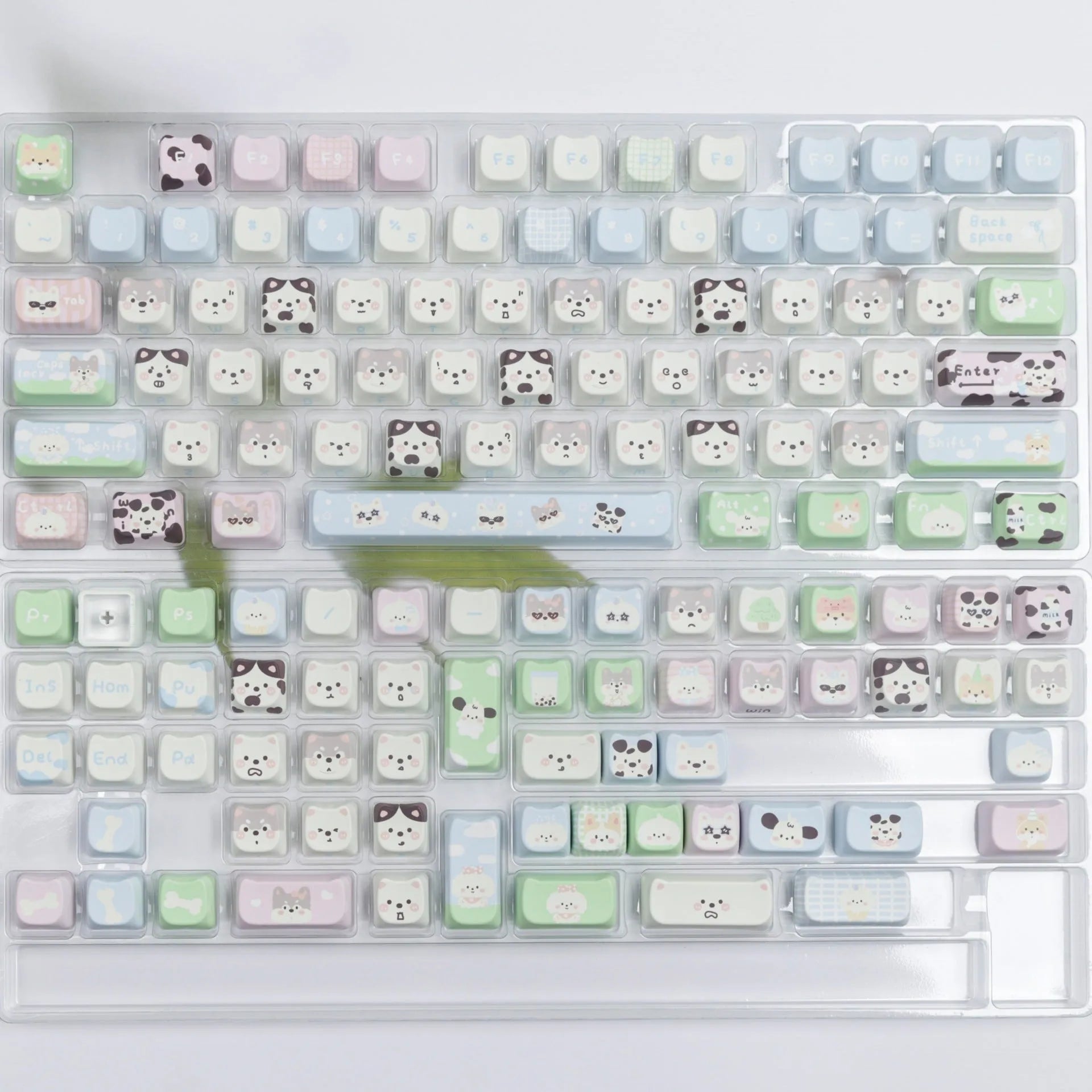Full set of PBT key caps for mechanical keyboards with colourful cat and puppy sublimation designs.