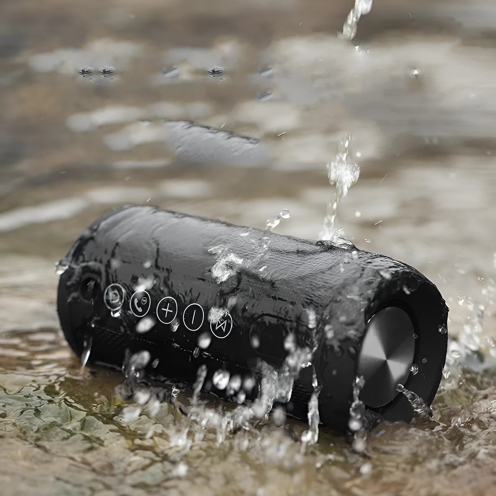 Waterproof portable outdoor Bluetooth speaker in black colour with buttons for playback and connectivity options.