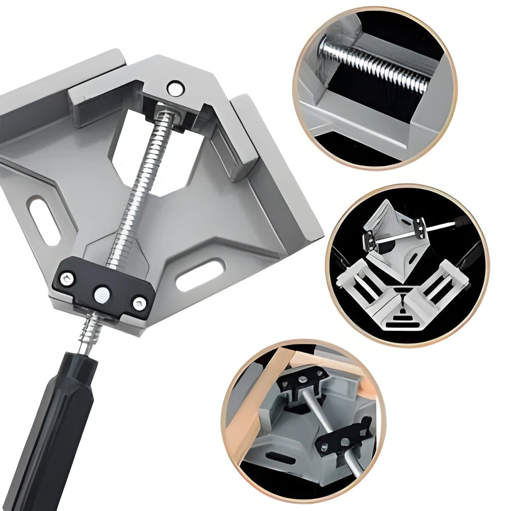 Black aluminium alloy 90 degree right angle clip with 70mm opening on a wooden workbench.