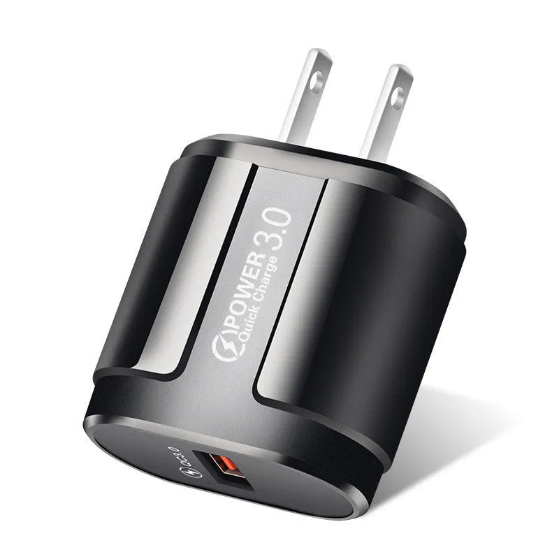 White and black smart charger for mobile phones with compact dimensions and multiple plug options