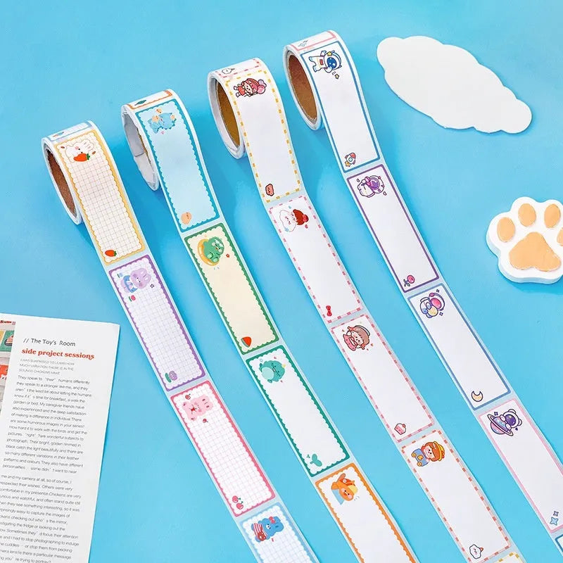 Roll of colourful cartoon name tape stickers for student organisation in dinosaur, astronaut, rabbit, or girl designs