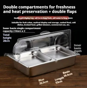 Stainless steel commercial dining plate display box with a removable lid and multiple inner compartments.