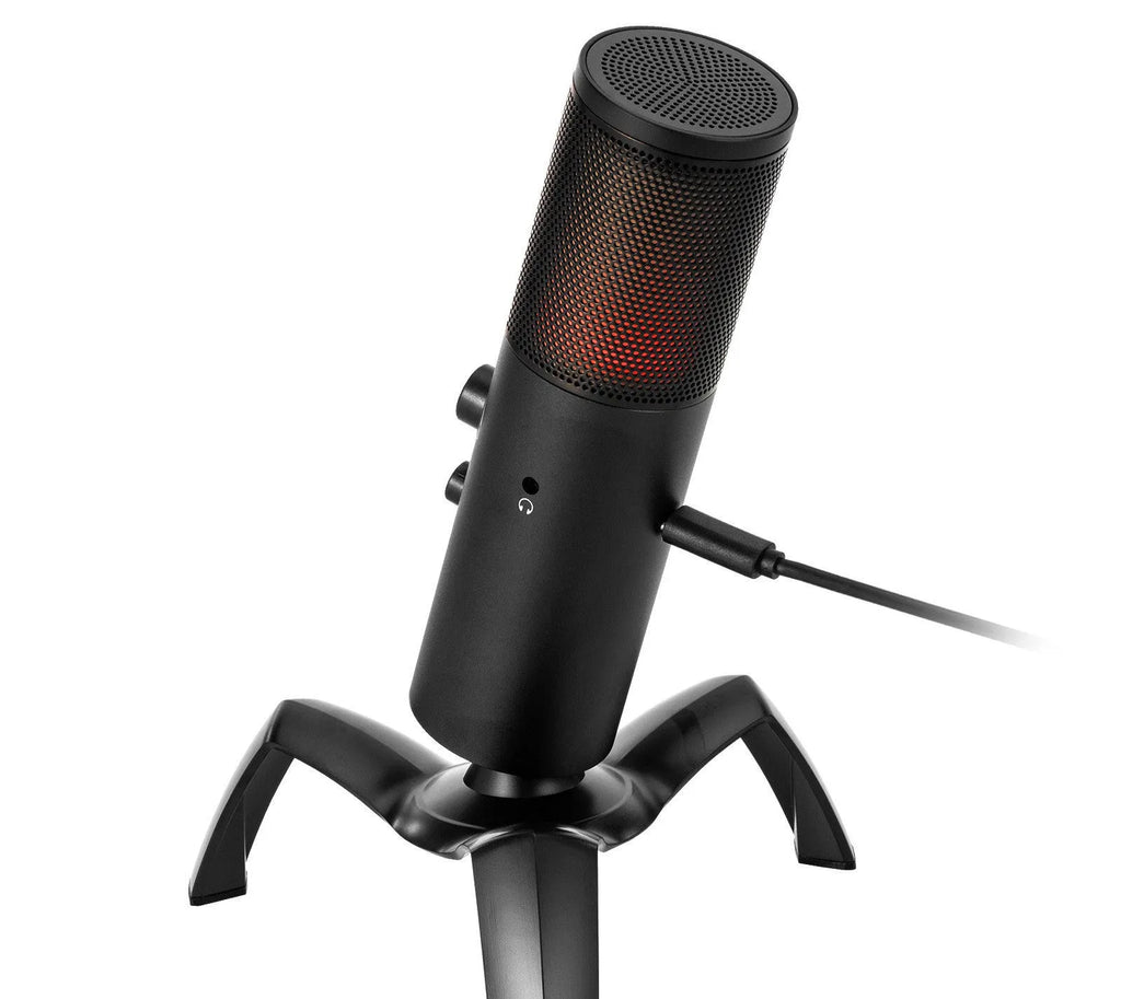 Black Q18 USB condenser microphone with RGB light on adjustable metal tripod.
