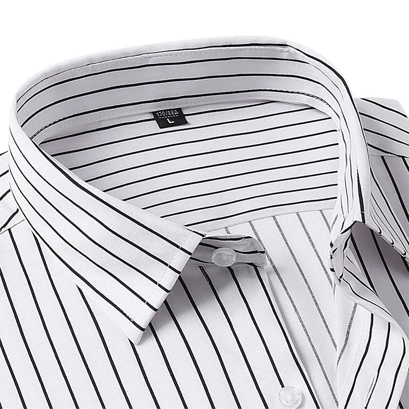 Men's slim fit striped long sleeve business shirt in polyester blend fabric on a hanger