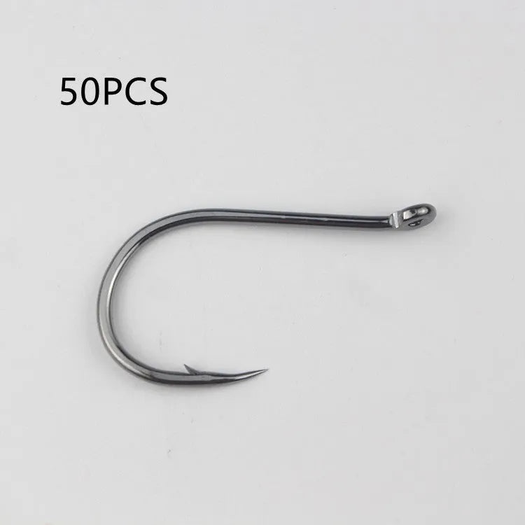 Bulk pack of alloy carbon steel barbed fishing hooks with crooked mouth and hole ring for rock and sea fishing.