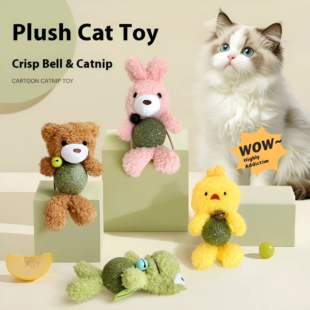 Plush catnip toy with animal doll, mint ball, and bell for cats