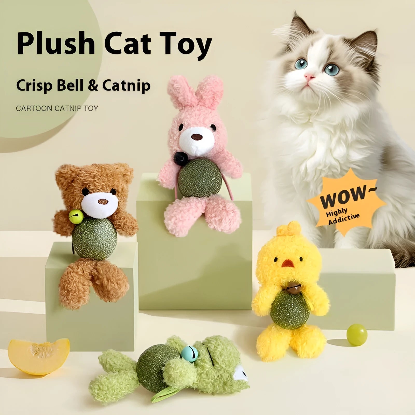 Plush catnip toy with animal doll, mint ball, and bell for cats