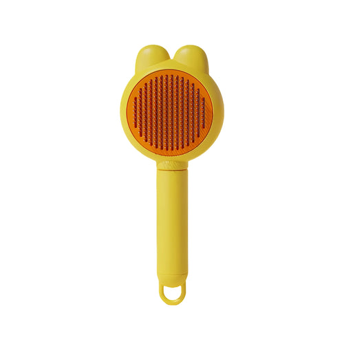 Self-cleaning pet grooming brush with release button in green, pink, purple or yellow colours