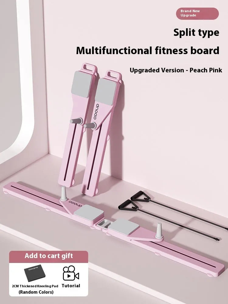 Compact purple split skiing machine trainer for home fitness on a wooden floor.