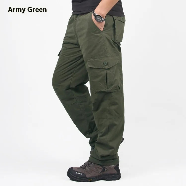 Men's stone washed cotton overalls with velvet lining in khaki, shown in a loose, straight-leg fit.
