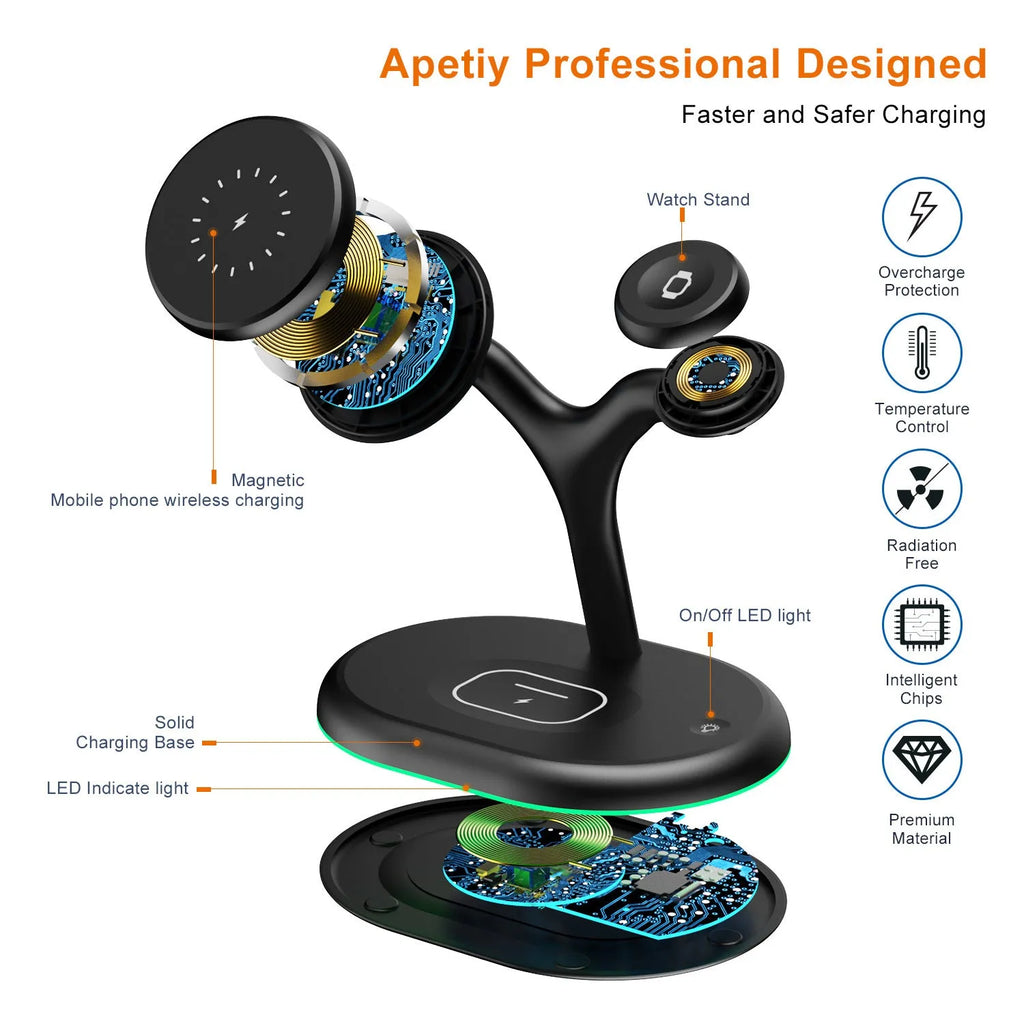 Black three-in-one magnetic wireless charger with ABS plastic case on a table
