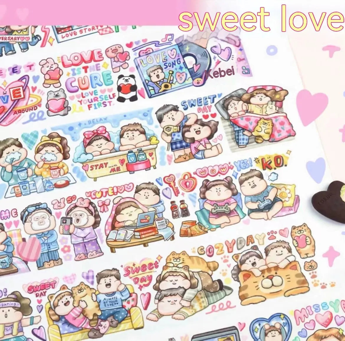 Sheet of cute cartoon character stickers on Japanese paper for haemorrhoid tape packaging and planners.
