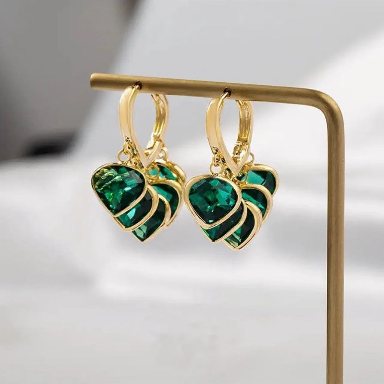 Korean style green heart shaped glass pendant ear clip earrings with alloy inlaid gemstones