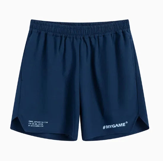 Men's fitness training shorts in midnight blue with moisture-wicking fabric and four-point stretch construction