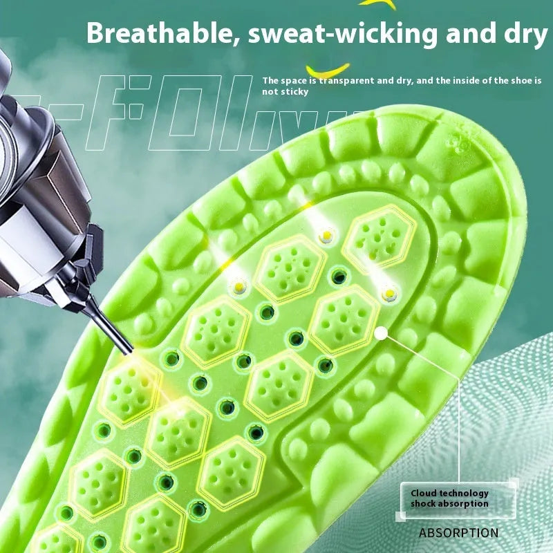 Green sports insoles showing PU air cushion construction and argy wormwood layer