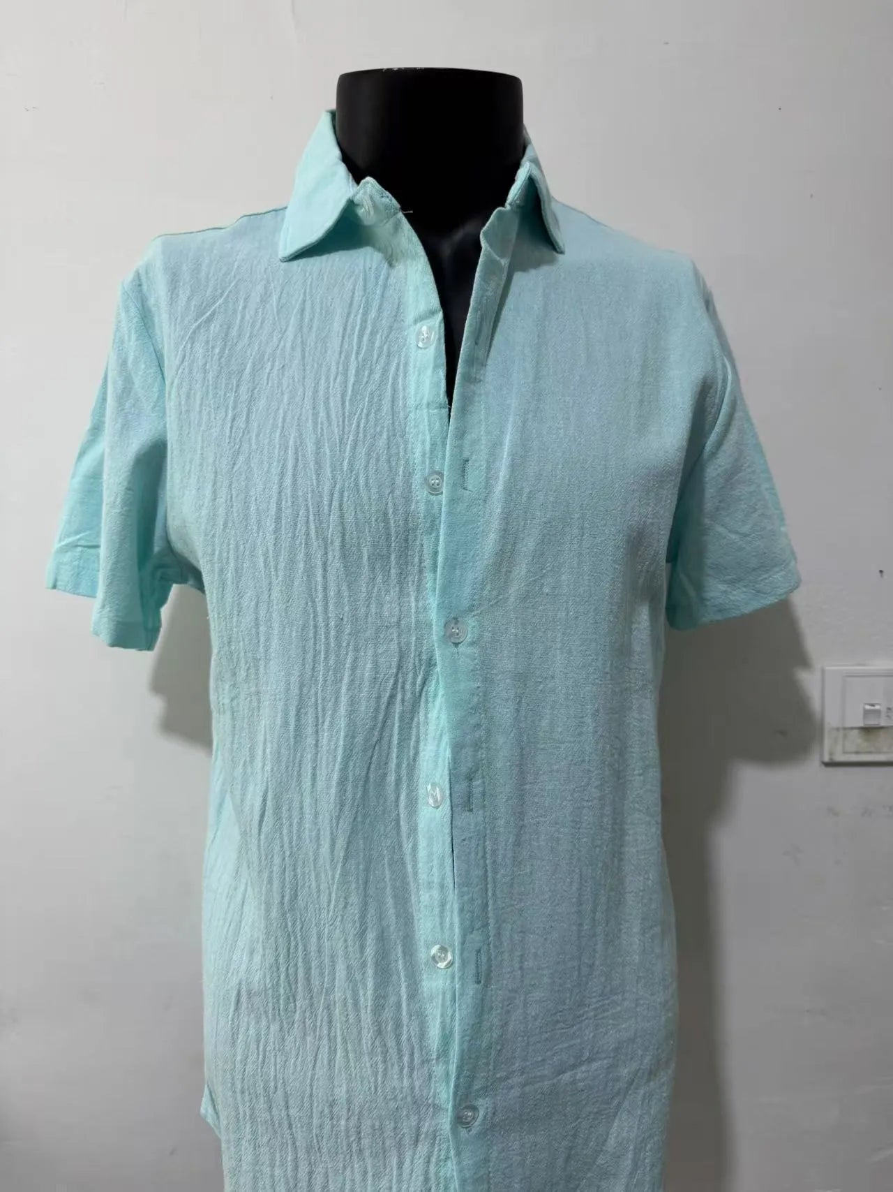 Men's loose fit short sleeve shirt in cotton linen blend fabric available in multiple solid colours