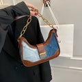Brown denim women's shoulder bag with diamond chain detail and adjustable double straps