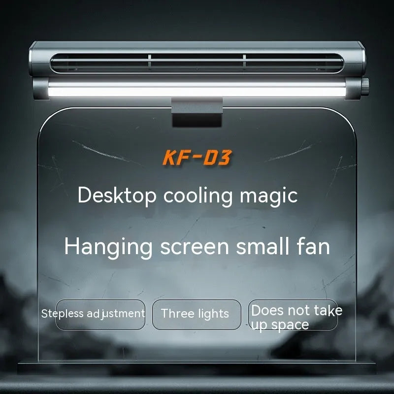 Black bladeless USB laptop cooling fan with integrated eye-protection lamp clipped to computer screen