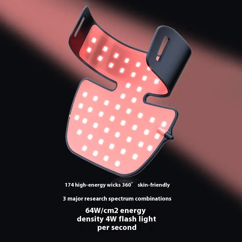 Black four-colour LED photon beauty mask with neck care strap and adjustable settings