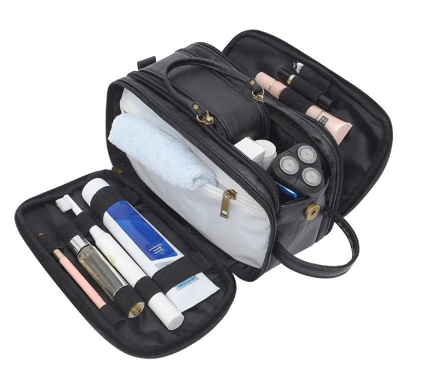 Black and brown men's PU leather toiletry bag with zip closure.
