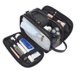 Black and brown men's PU leather toiletry bag with zip closure.