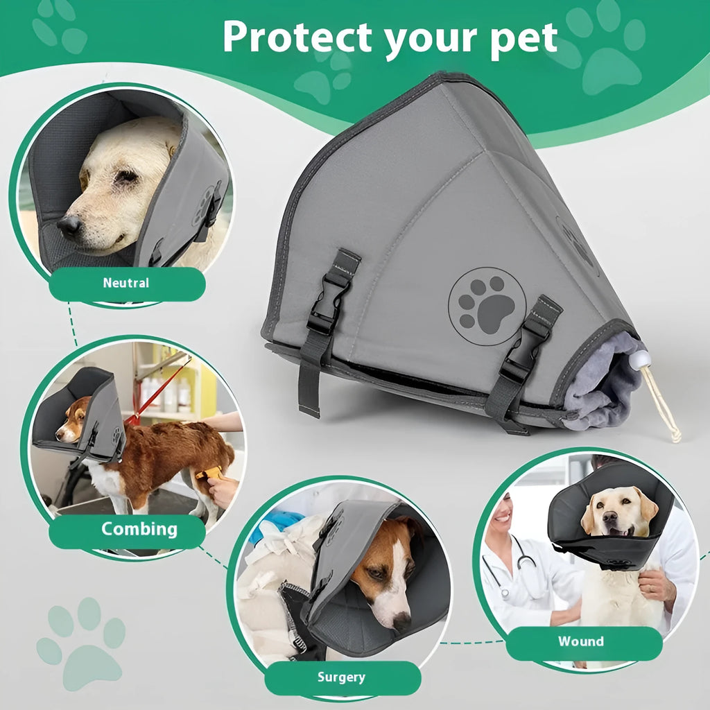 Soft white adjustable polyester collar for pet wound protection, shown next to a size label.