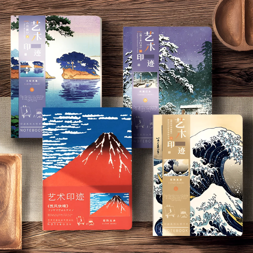 Hardback Ukiyo-e series hand ledger notebook with retro Japanese print cover, open to show 100g paper pages.