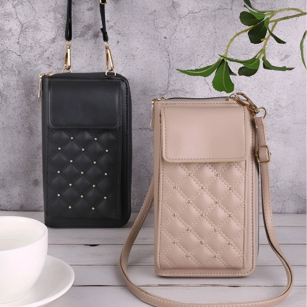 Fashion all-match mobile phone bag in black with rhombus light luxury pattern and clamshell opening