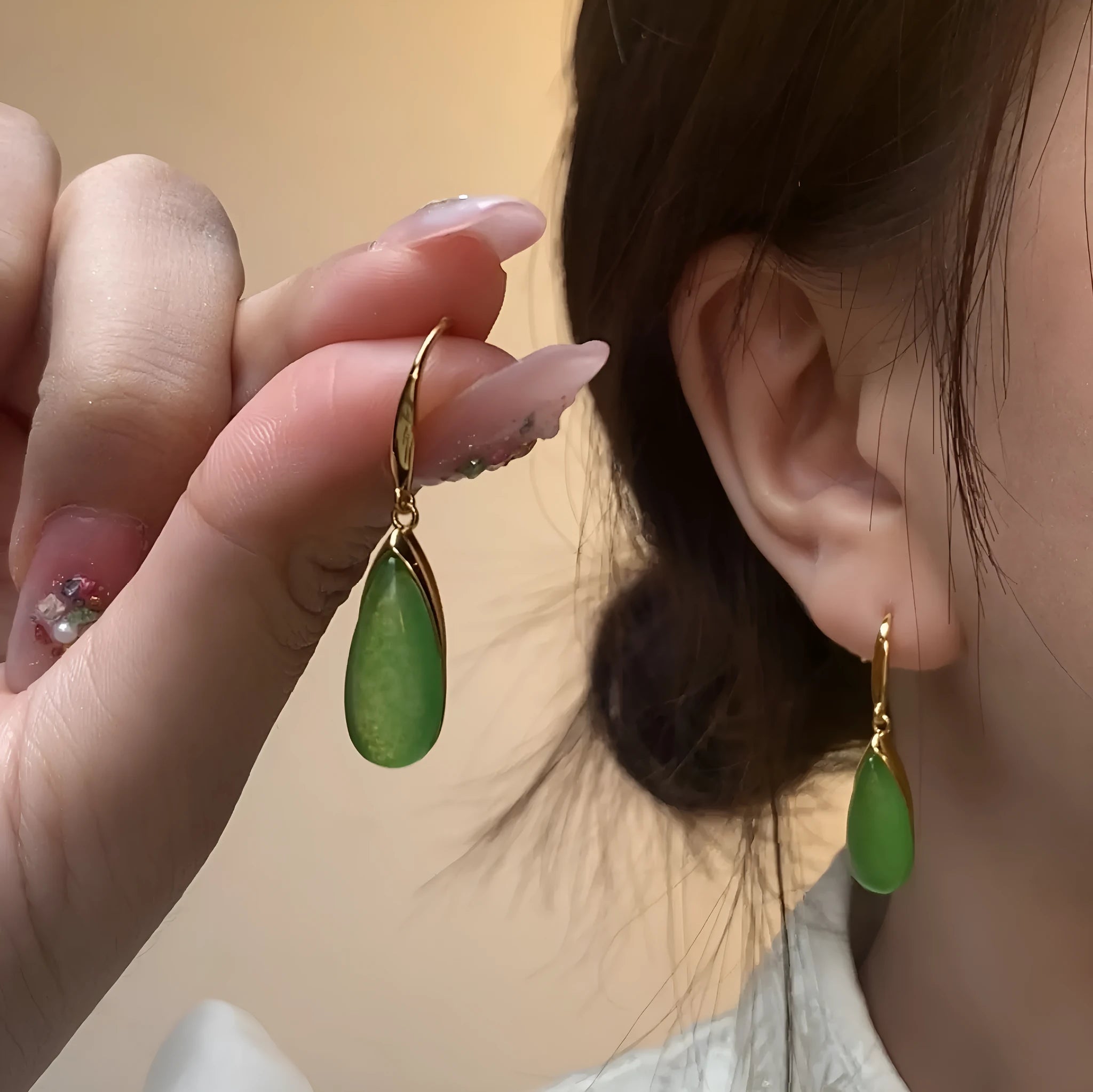 Geometric Chinese style earrings with water droplet design in jade colour