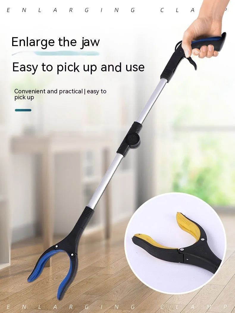 Folding silver and blue trash pick-up tool shown extended and collapsed, with magnet on clamp head.