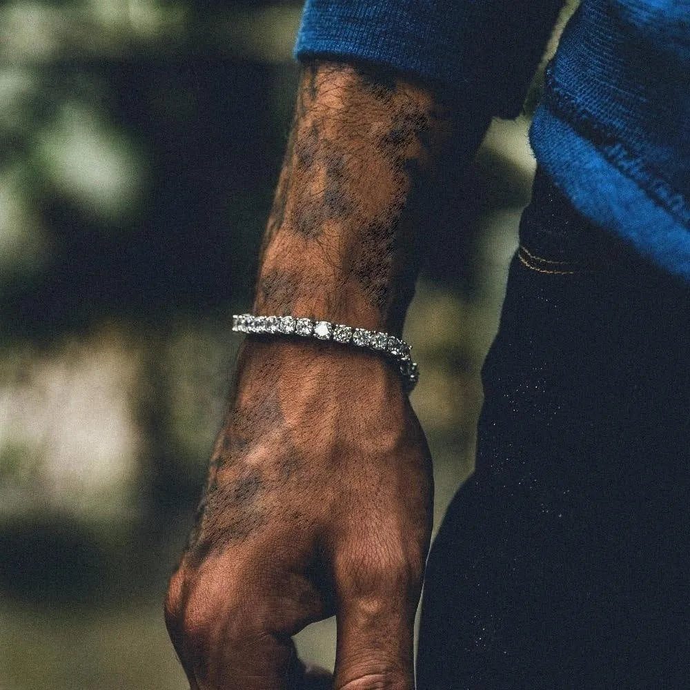 Men's geometric hip hop bracelet with single row rhinestones and zirconia tennis charm