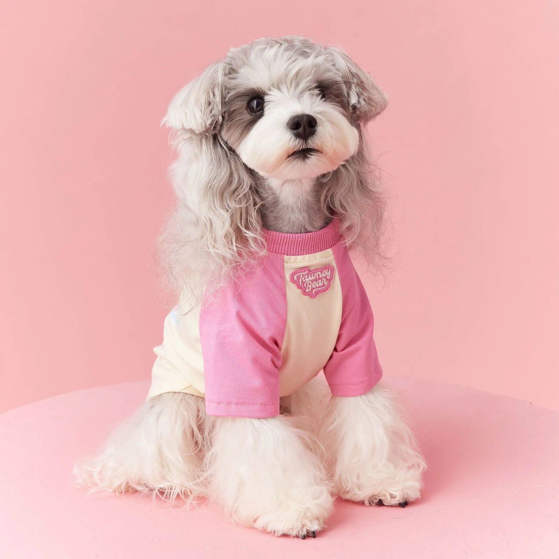 Cotton summer dog clothes with contrast embroidery in red and pink colours