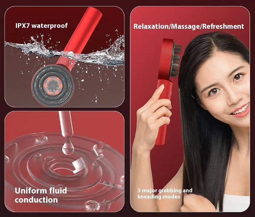 Black and red rechargeable massage hair comb with red and blue light therapy functions