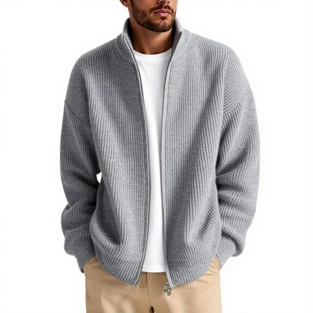 Men's loose-fit cardigan sweater coat in chemical fibre blend available in beige, black, gray, green, and navy blue