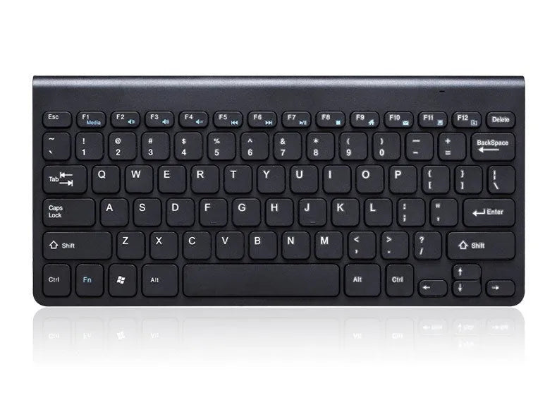 Black and white wireless keyboard and mouse set with USB receiver on a desk.